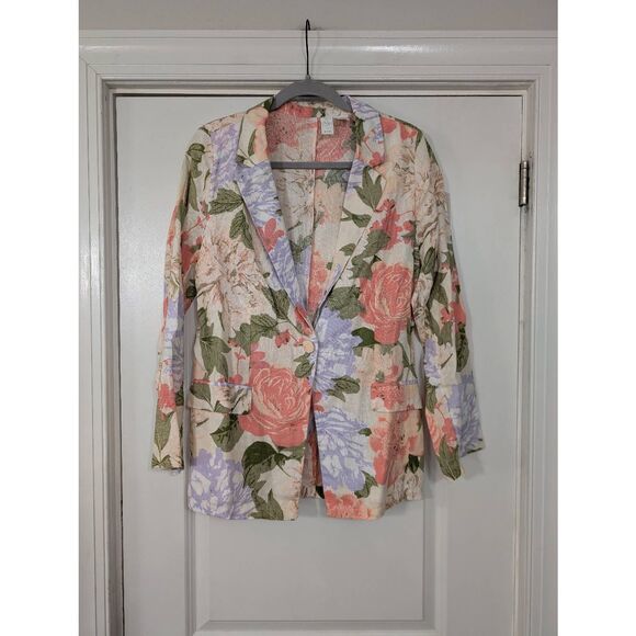 Joie Linen Floral Blazer women's medium‎ longline cream pink leafy coastal - Picture 1 of 6
